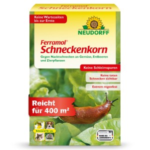 Verpackung Neudorff Ferramol Schneckenkorn 2 kg mit Schnecke auf Salatblatt.