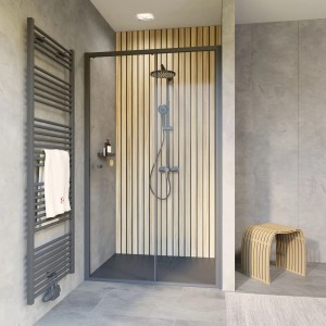 Schulte Schiebetür Trend 2.0 in Mattschwarz, 200x140 cm, für Nische im Badezimmer.