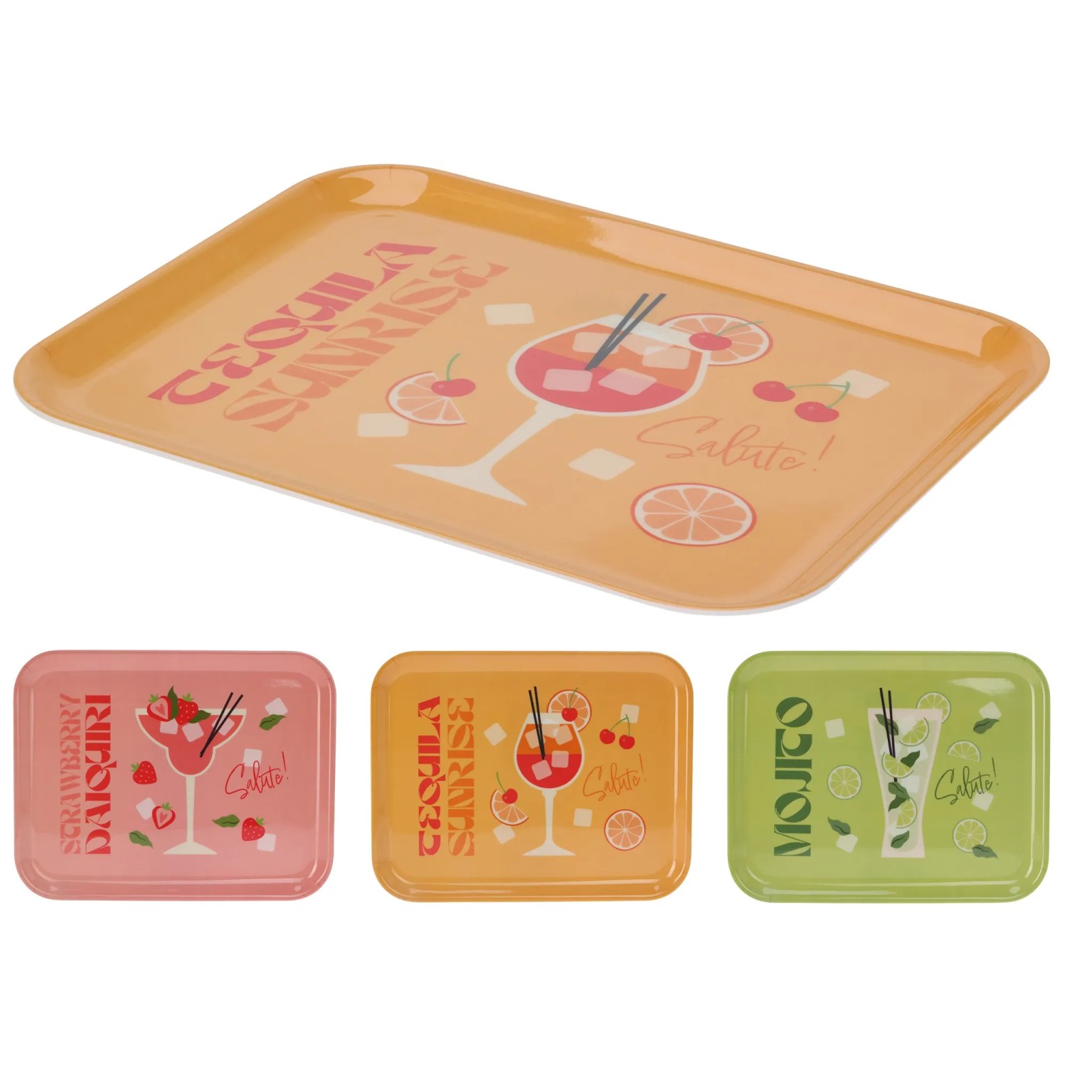 Serviertablett mit Cocktailmotiven, 3-fach sortiert, aus Melamin, ideal für Partys.