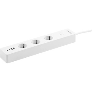 Weiße Ledvance Smart Home Steckdosenleiste mit 3 Schuko-Steckdosen und 4 USB-Anschlüssen.