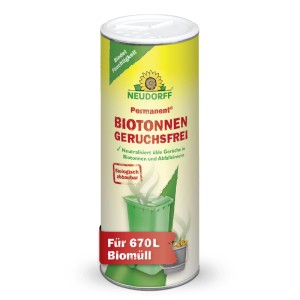 Neudorff Biotonnen Geruchsfrei Granulat in gelb-grüner Dose, neutralisiert Gerüche in Biotonnen und Abfalleimern.