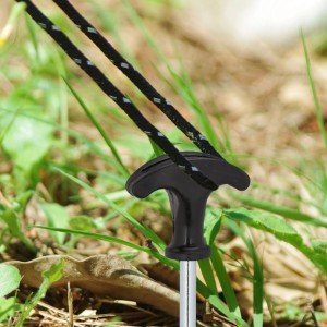 Schraubhering im Gras: Stahl-Zelthering mit Gewinde und schwarzem Kunststoffkopf für Camping.