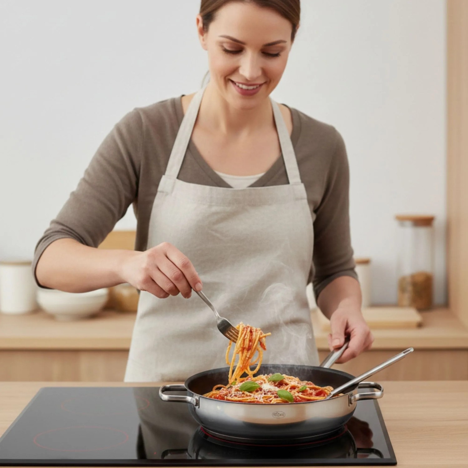 Frau serviert dampfende Spaghetti aus RÖSLE Elegance Servierpfanne Ø28 cm Edelstahl auf Induktionskochfeld.