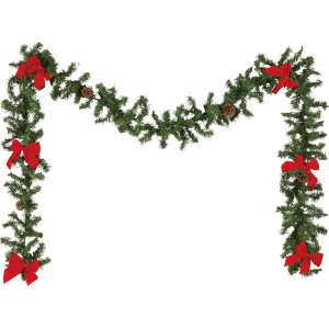 Dekorierte Kunsttannen-Girlande (270 cm) mit roten Schleifen und Tannenzapfen für weihnachtliche Deko.
