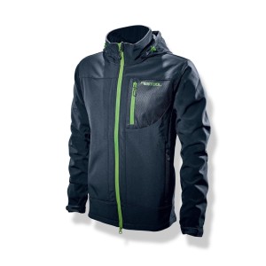 Dunkelblaue Festool Softshell Jacke für Herren mit grünen Reißverschlüssen, Kapuze und Logo. Robuste Arbeitskleidung.