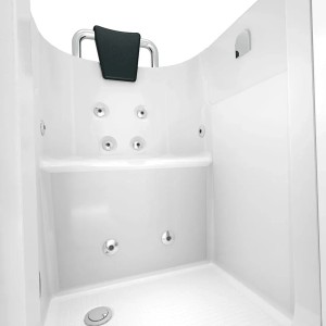 Weiße Senioren Sitzbadewanne AquaVapore mit Tür und Whirlpoolfunktion, inklusive Nackenstütze.