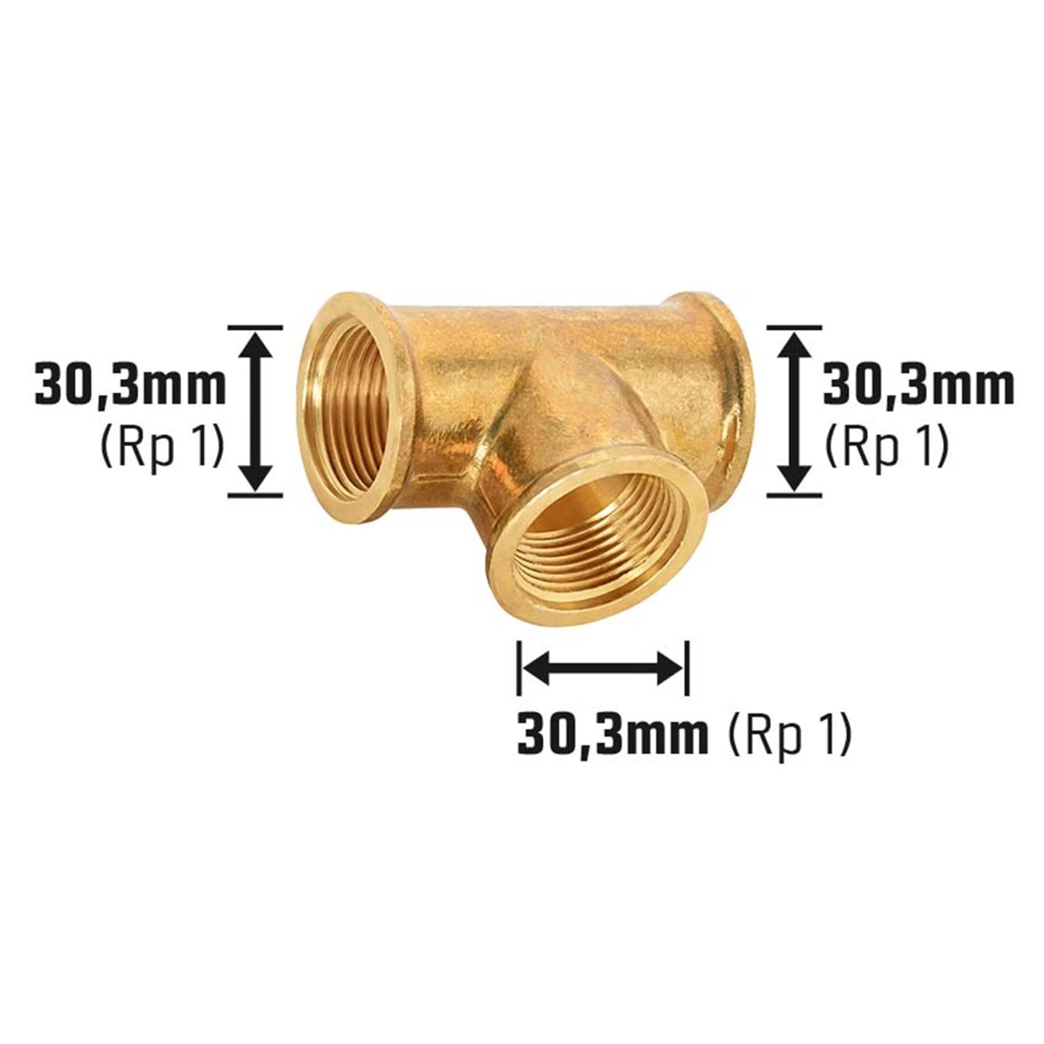 LUX T-Stück 30,3 mm (Rp 1) aus Messing für Gewindefittings, Detailaufnahme.