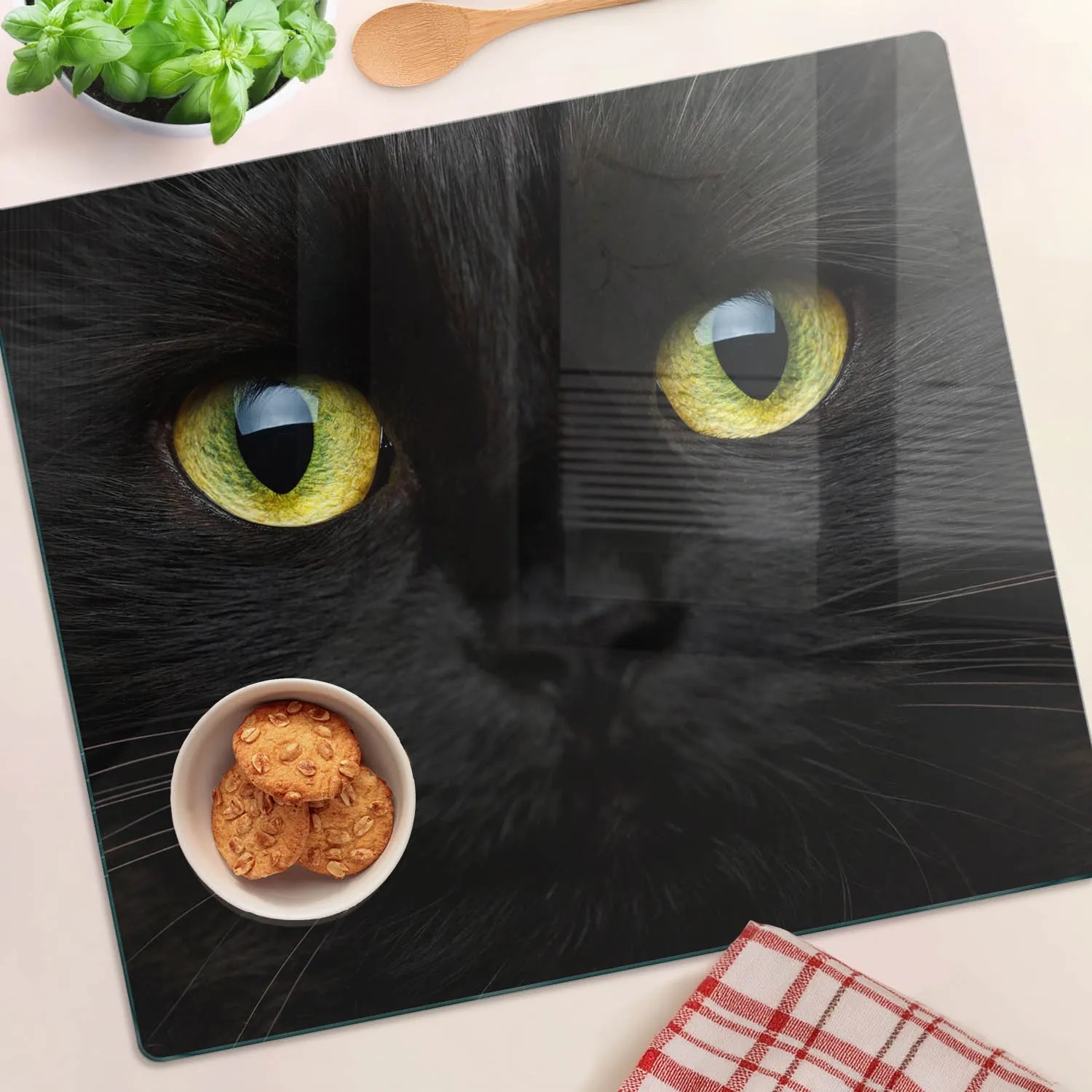 Herdabdeckplatte mit Katzenaugen-Motiv, 60x52 cm, aus Glas. Schneidebrett und Spritzschutz.