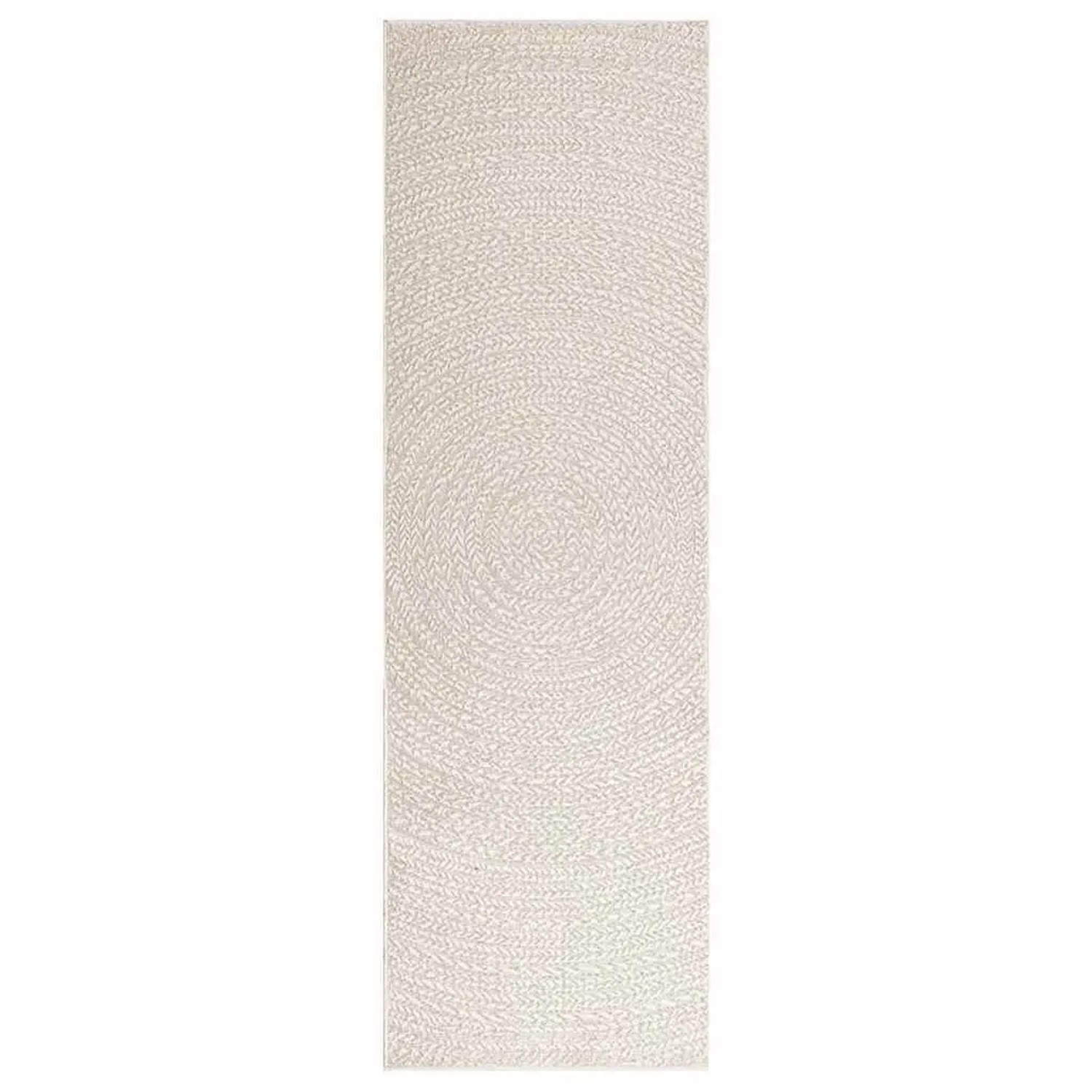 Cremefarbener vidaXL Outdoor-Teppich ZIZUR (80x250 cm) in Jute-Optik mit rundem Muster.