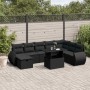 Schwarze 9-teilige Garten-Sofagarnitur aus Poly Rattan mit Tisch und Kissen.