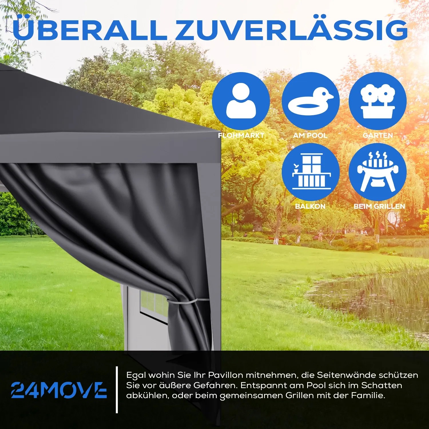 Graue 24MOVE Pavillon Seitenteile (2er Set, 2x3m) mit Fenster und Reißverschluss.