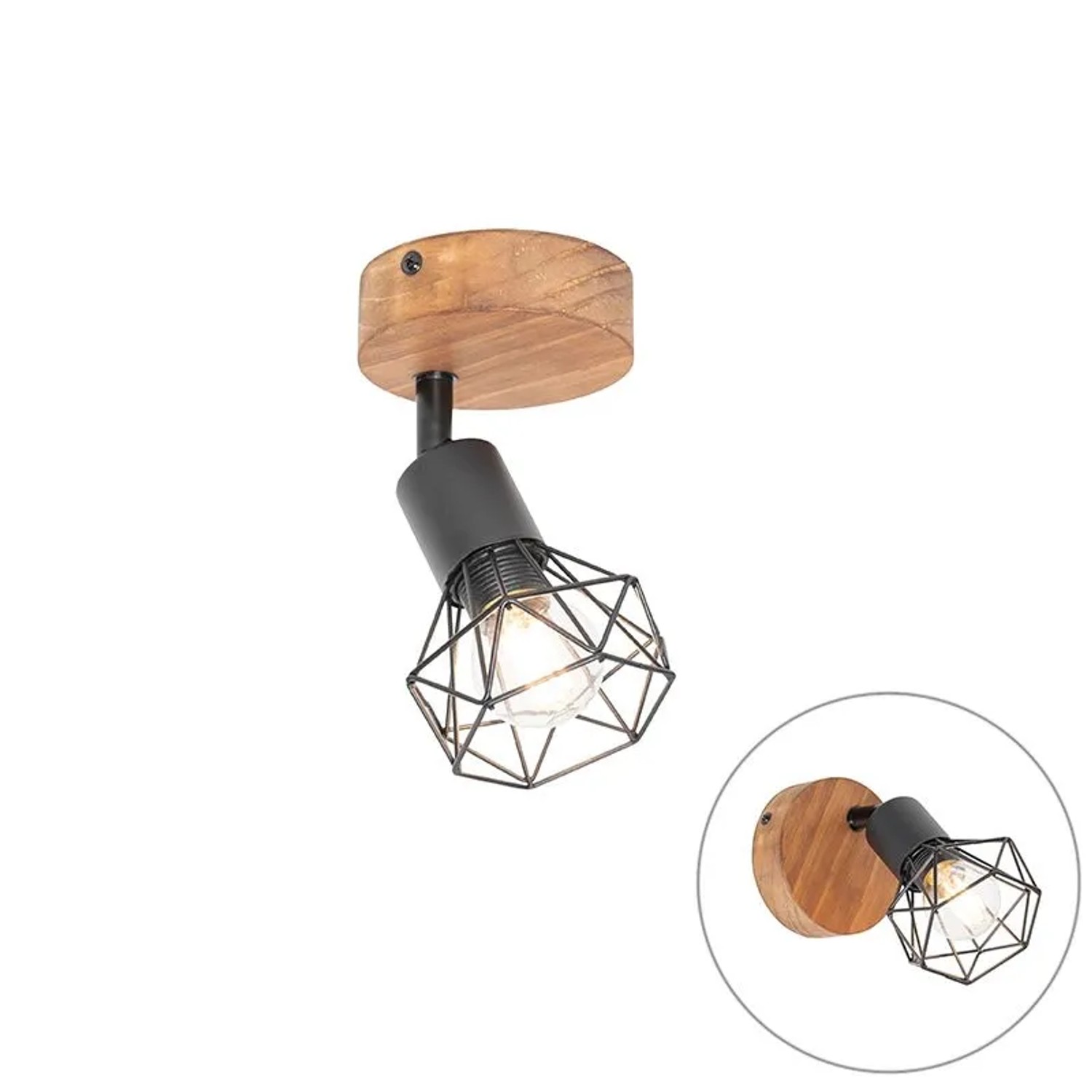 QAZQA IndustrieSpot Schwarz mit Holz Dreh  und Neigbar Mosh