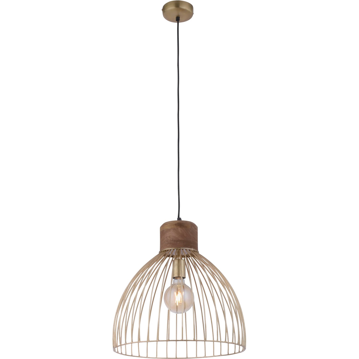 Messingfarbene Pendelleuchte Alami von Just Light mit Käfigschirm und Holzelement.