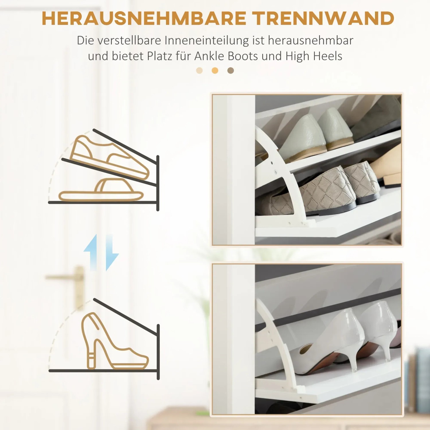 HOMCOM Schuhschrank: Verstellbare Fächer für flache Schuhe und High Heels, weiße Schuhkommode.