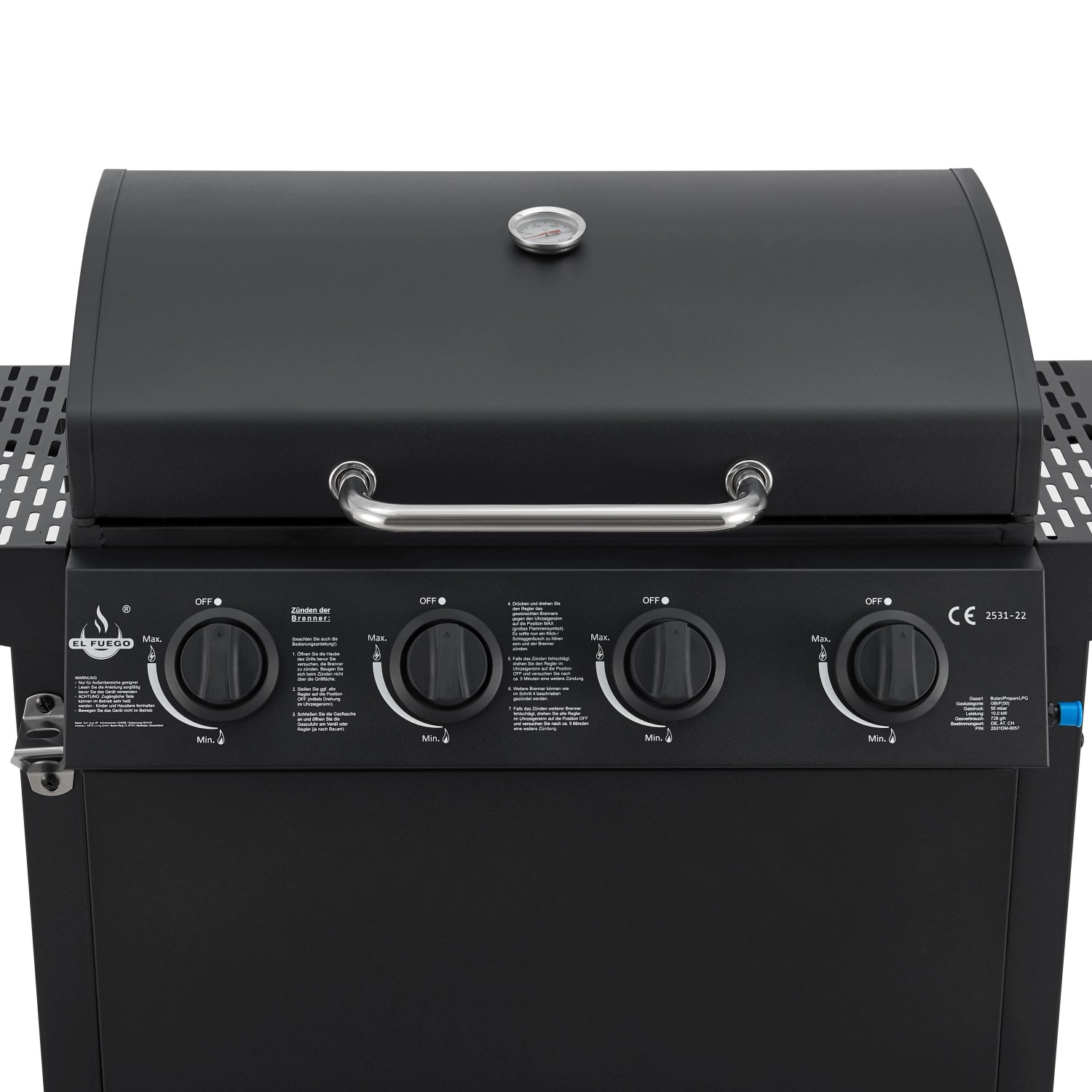 El Fuego Gasgrill San Jose, 4 Brenner, Stahlblech, mit Thermometer und Edelstahl-Brenner.