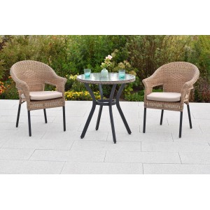 Merxx Ravenna Gartenmöbel-Set mit 2 Stapelsesseln, Sitzkissen und rundem Tisch (Ø 70 cm).