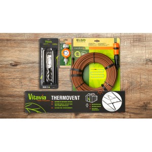 Zubehör für Vitavia Gewächshaus: Thermovent, Bewässerungsschlauch und Fensteröffner.