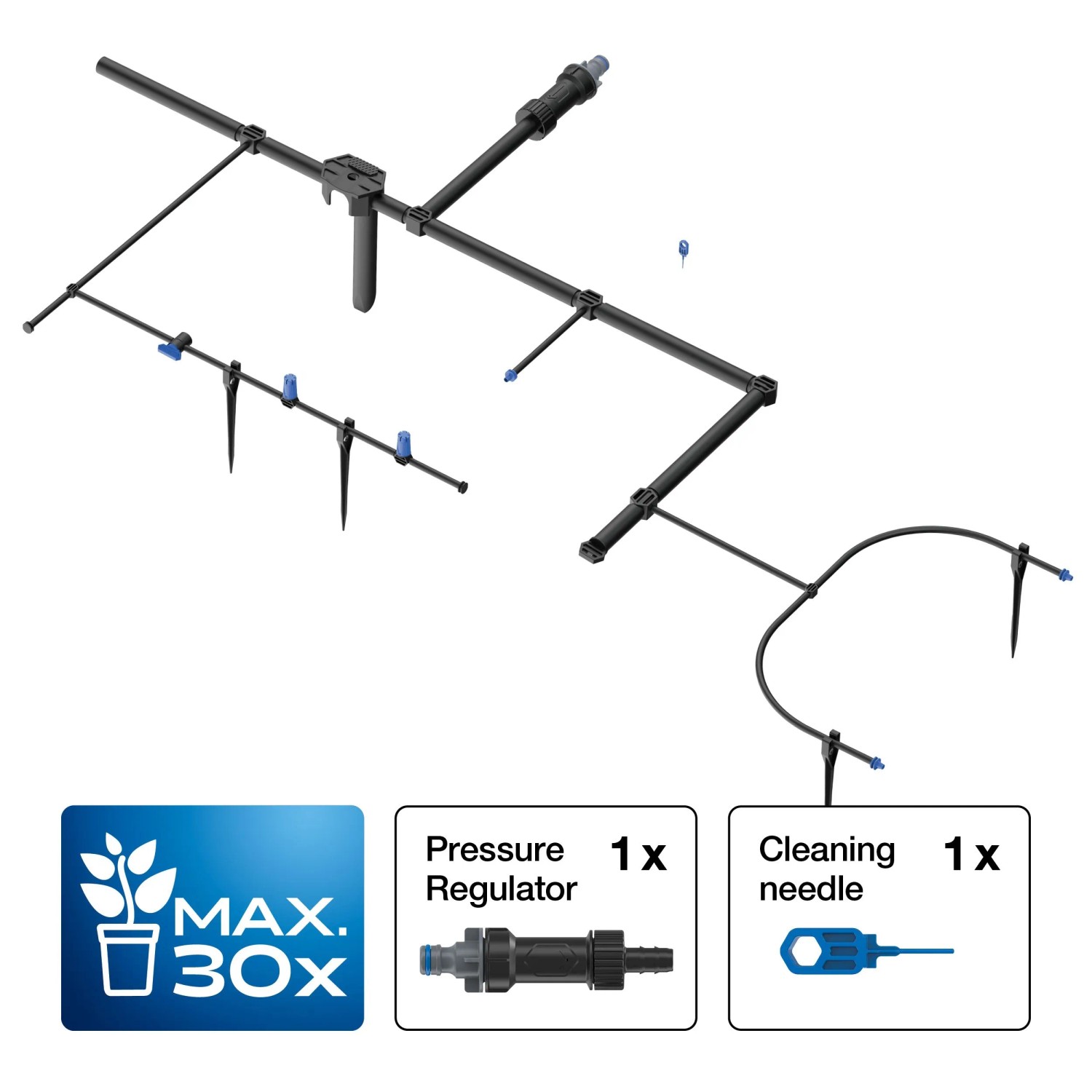 LUX-TOOLS Tropf-Bewässerungs-Set mit schwarzen Schläuchen, Tropfern, Sprühern, Druckregler und Reinigungsnadel für bis zu 30 Pflanzen.