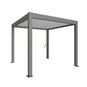 Biohort Pergola 3x3 m in Quarzweiß: Moderne Terrassenüberdachung mit Lamellen und Entwässerung.