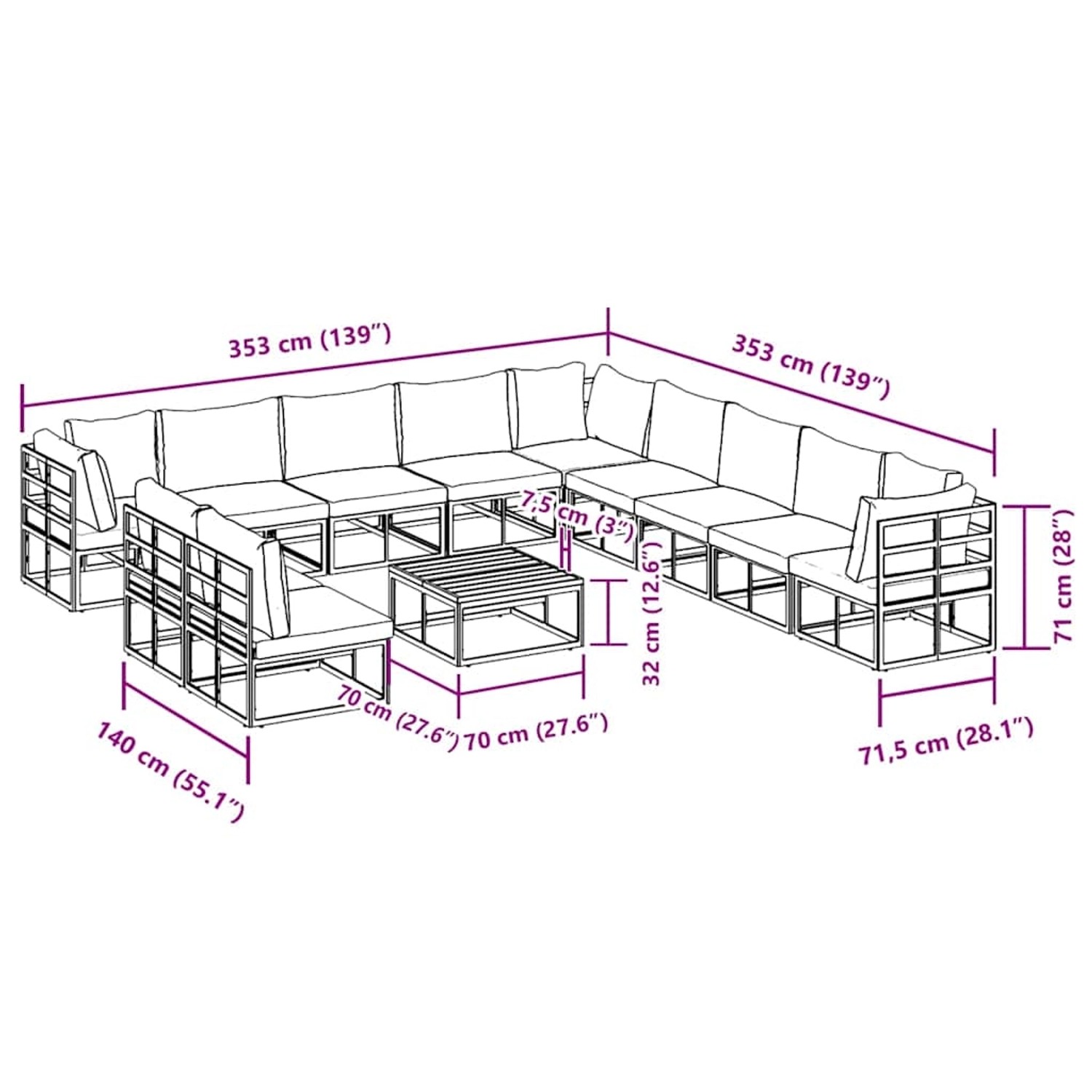 vidaXL Garten-Sofa-Set 12-tlg. Schwarz Aluminium mit Maßangaben.