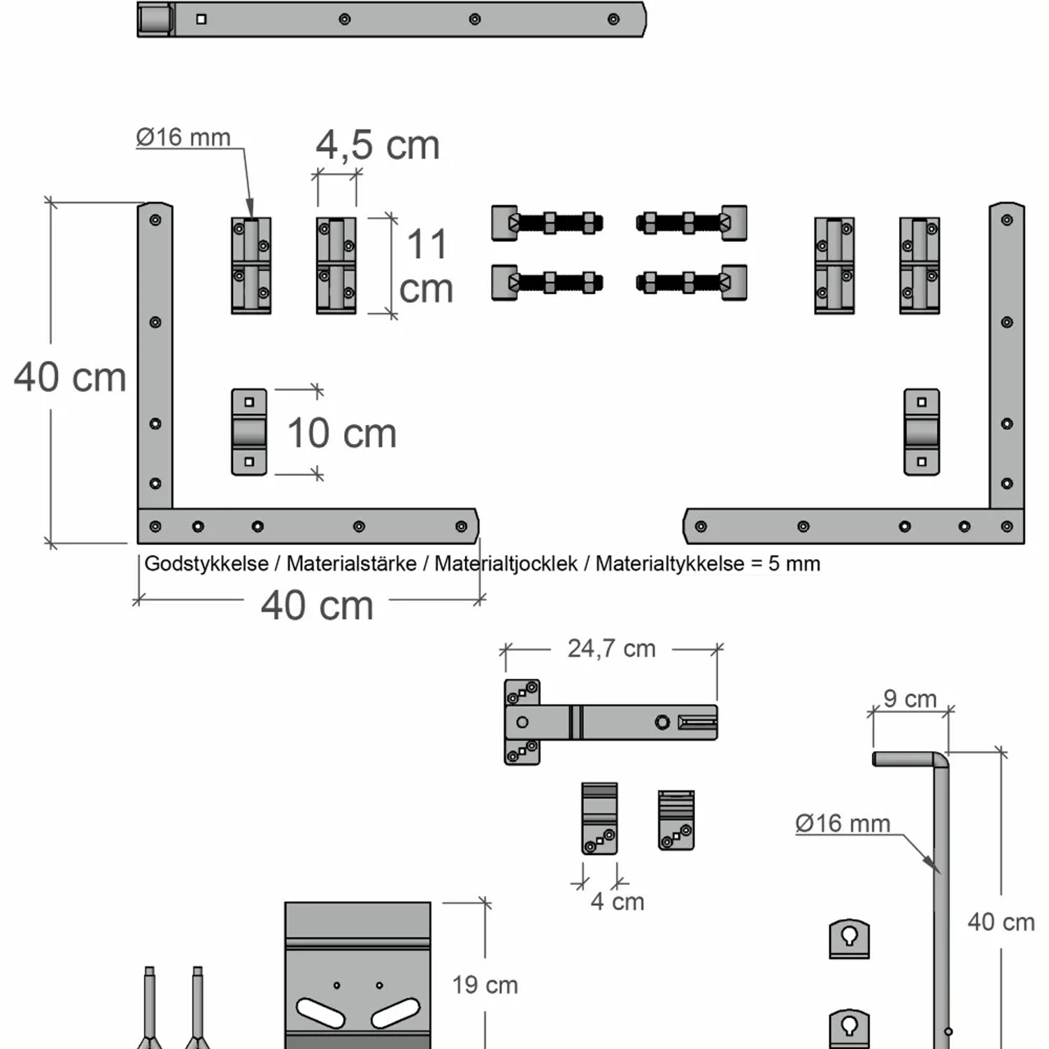 Montagezubehör für Doppeltor Tokyo Nadelholz Schwarz, Maße und Details.