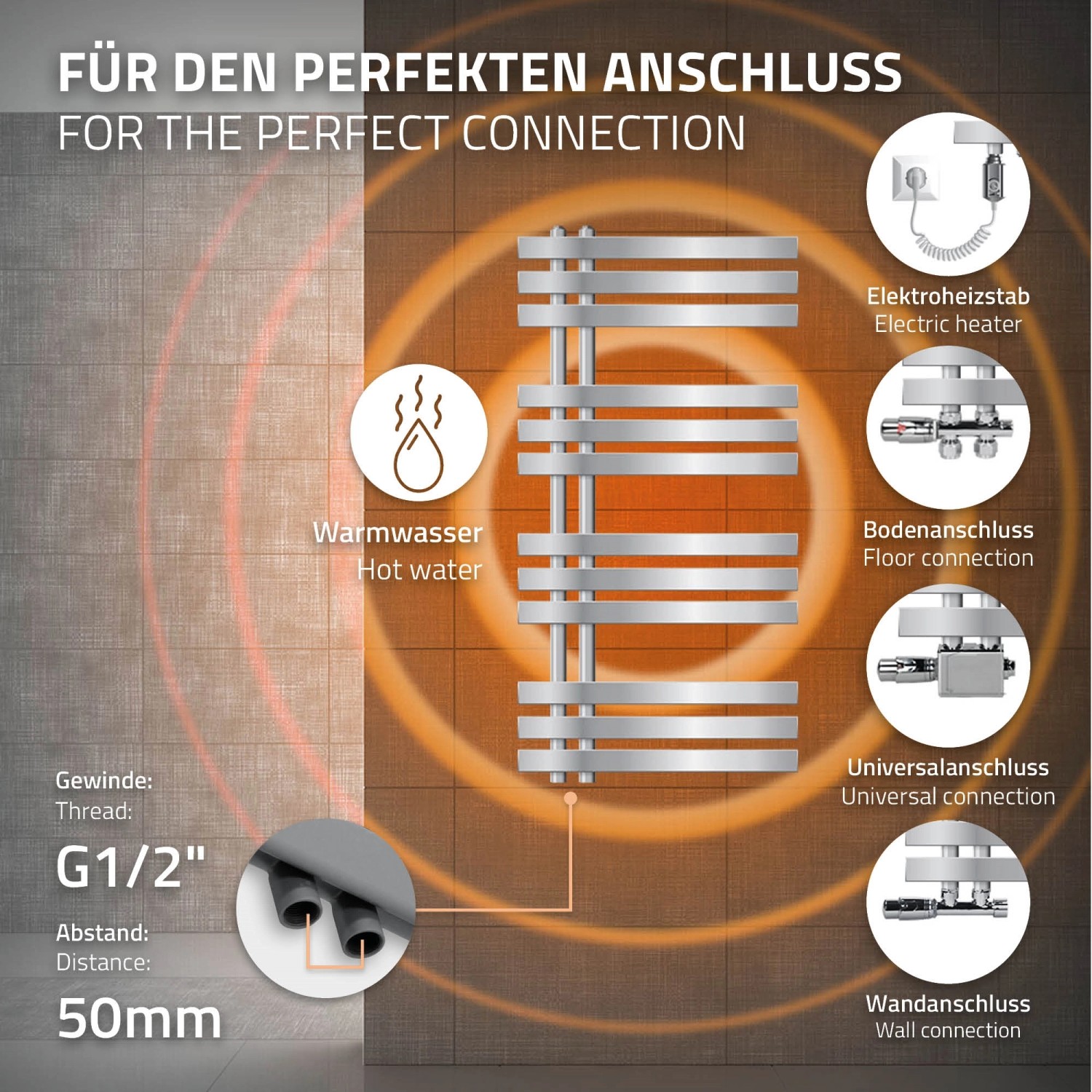Chromfarbener LuxeBath Badheizkörper 500x1000 mm mit Thermostat und verschiedenen Anschlussmöglichkeiten.