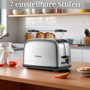 Steinborg Edelstahl Toaster mit Brötchenaufsatz und Toastscheiben im Küchenambiente.