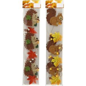 Filzgirlande mit Tieren (Igel, Eichhörnchen) und Blättern, braun-bunt, 120 cm lang.