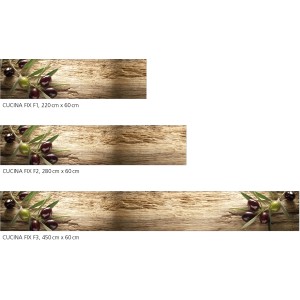Myspotti Küchenrückwandfolie Mediterran mit Oliven auf Holzoptik, verschiedene Größen.
