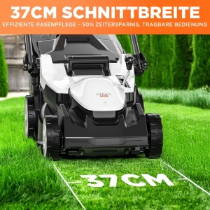 Litheli Akku-Rasenmäher U20 mit 37 cm Schnittbreite beim Rasen mähen.