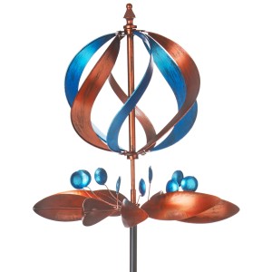 Kobolo Windrad TWIRL, Gartenstecker aus Metall in Kupfer und Blau, Dekoration für den Garten.