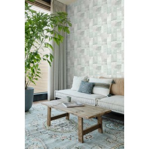 ESTAhome Vliestapete mit orientalischem Kelim-Patchwork in Pastell Mintgrün an einer Wohnzimmerwand. Dekorative Wandgestaltung.