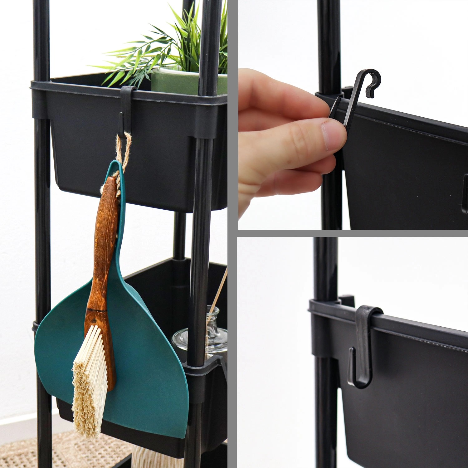 Schwarzer MAKLIK Küchenrollwagen mit 3 Körben und Zubehör, Detailaufnahme der Haken.