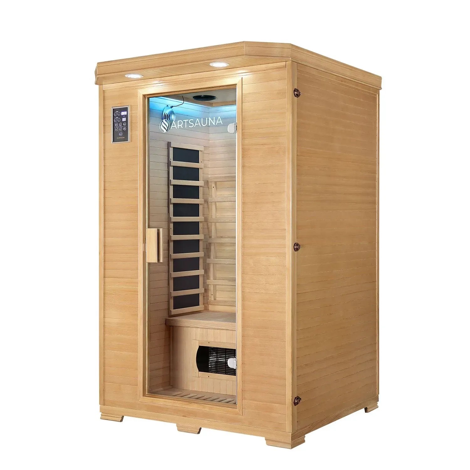 Artsauna Infrarotkabine Oslo aus Hemlockholz mit Glastür und LED-Beleuchtung.