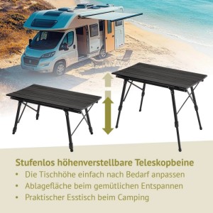 Schwarzer Jawinio Campingtisch mit stufenlos höhenverstellbaren Teleskopbeinen, in zwei Höhen dargestellt. Ideal für Camping & Garten.
