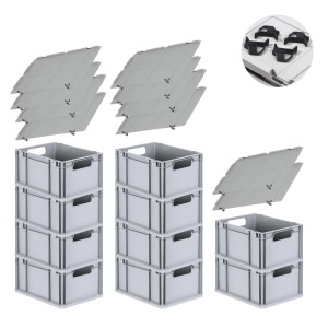 PROREGAL Spar Set: 10 graue Euroboxen mit Deckel und Schnappverschlüssen, 20 Liter, 22x30x40 cm.