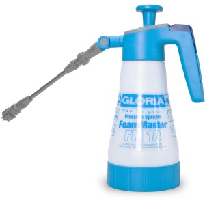 Gloria FoamMaster FM10 FLEX Schaumsprühgerät, blau-weiß, mit schwenkbarer Lanze und Flachstrahldüse.