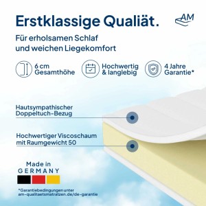 AM Qualitätsmatratzen Visco Topper Made in Germany 90x200cm