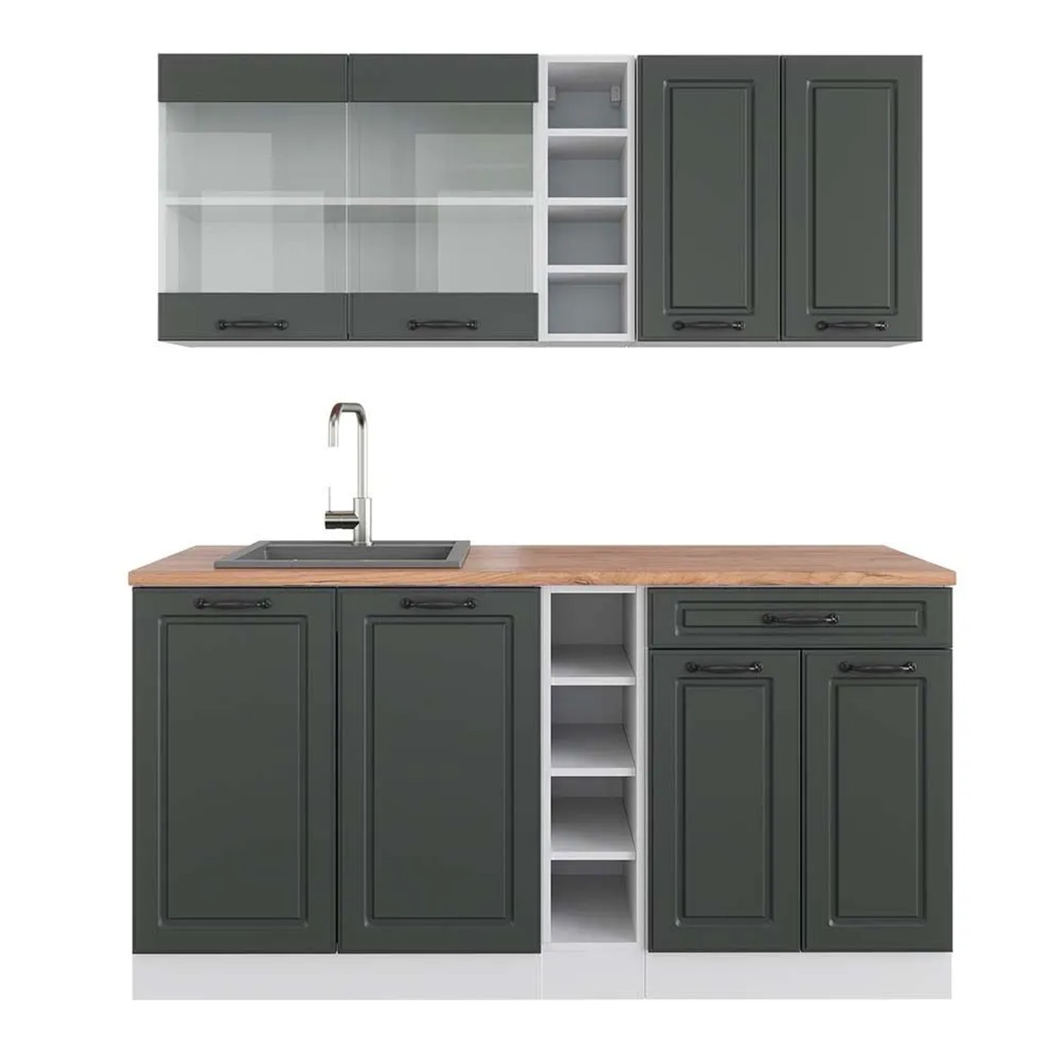 Vicco R-Line Singleküche Anthrazit Landhaus Weiß 160 cm AP Eiche ohne E-Geräte