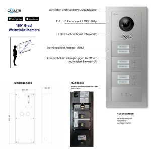 Goliath IP Video Türsprechanlage für 6 Familien, 7 Zoll, Schwarz/Silber, Unterputz mit RFID und App.