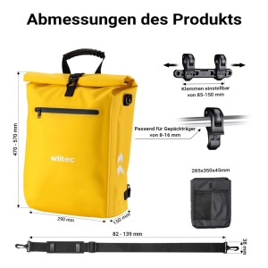 Gelbe Wiltec 25L Fahrradtasche, als Rucksack nutzbar, mit Laptopfach und Befestigungsdetails für Gepäckträger.