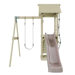 PolarPlay Kinderschaukel Göteborg in Altrosa mit Rutsche und Spielturm aus Holz.