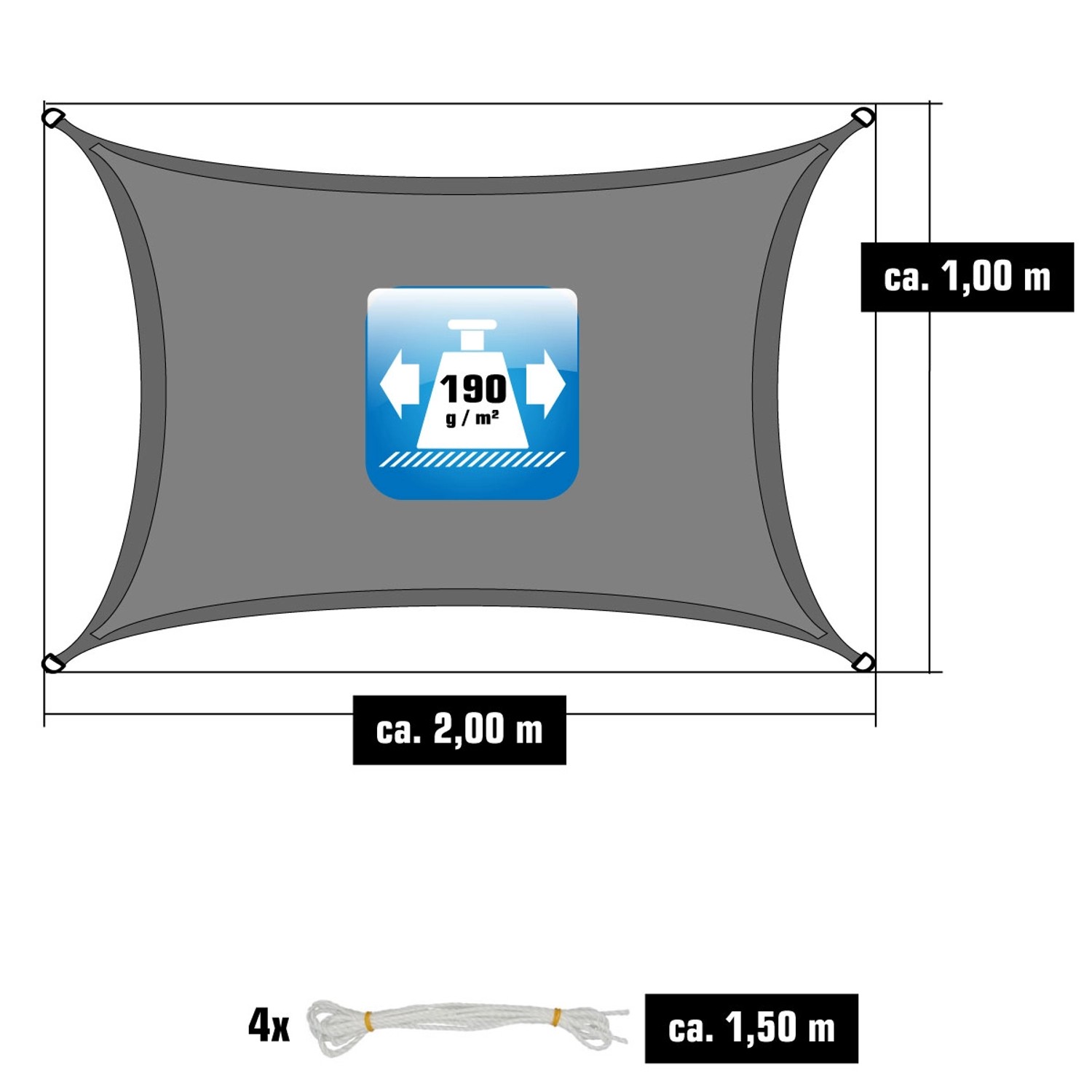 Graues, rechteckiges AMANKA Sonnensegel aus Polyester, 1 x 2 m, mit Seilen.