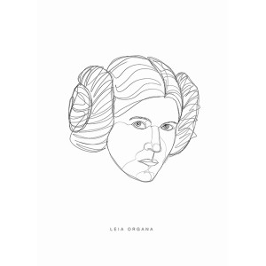 Schwarz-weißes Star Wars Poster von Leia Organa, 50x70 cm, als minimalistische Linienzeichnung.