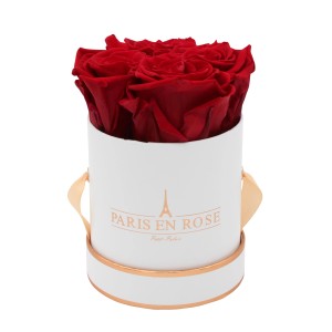 Rosenbox mit 4 Bordeaux Rosen in weiß-roségoldener Box (Ø 10 cm).