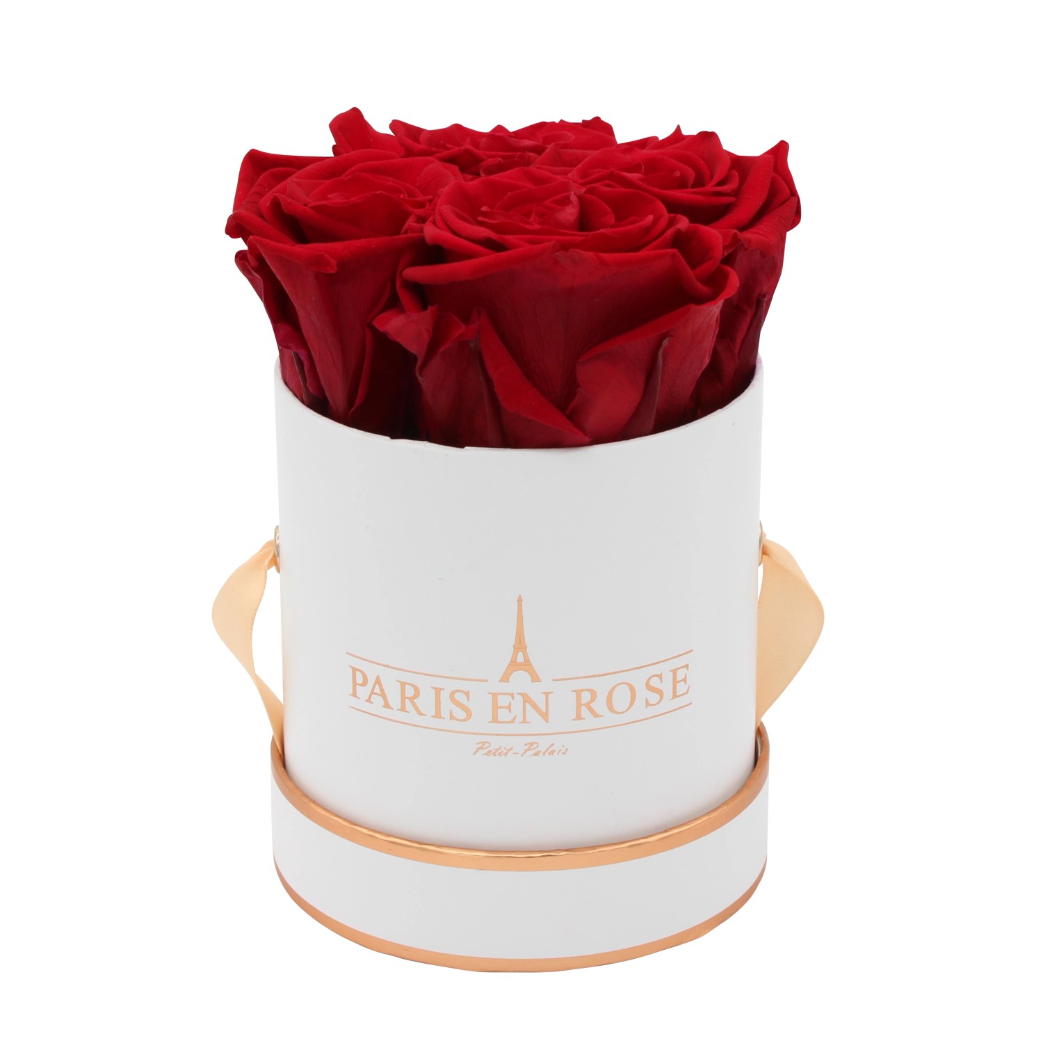 Rosenbox Ø 10 cm Weiß-Roségold mit 4 Bordeaux Rosen