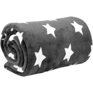 Gerollte, anthrazitfarbene Kuscheldecke mit weißen Sternen (150x200 cm).