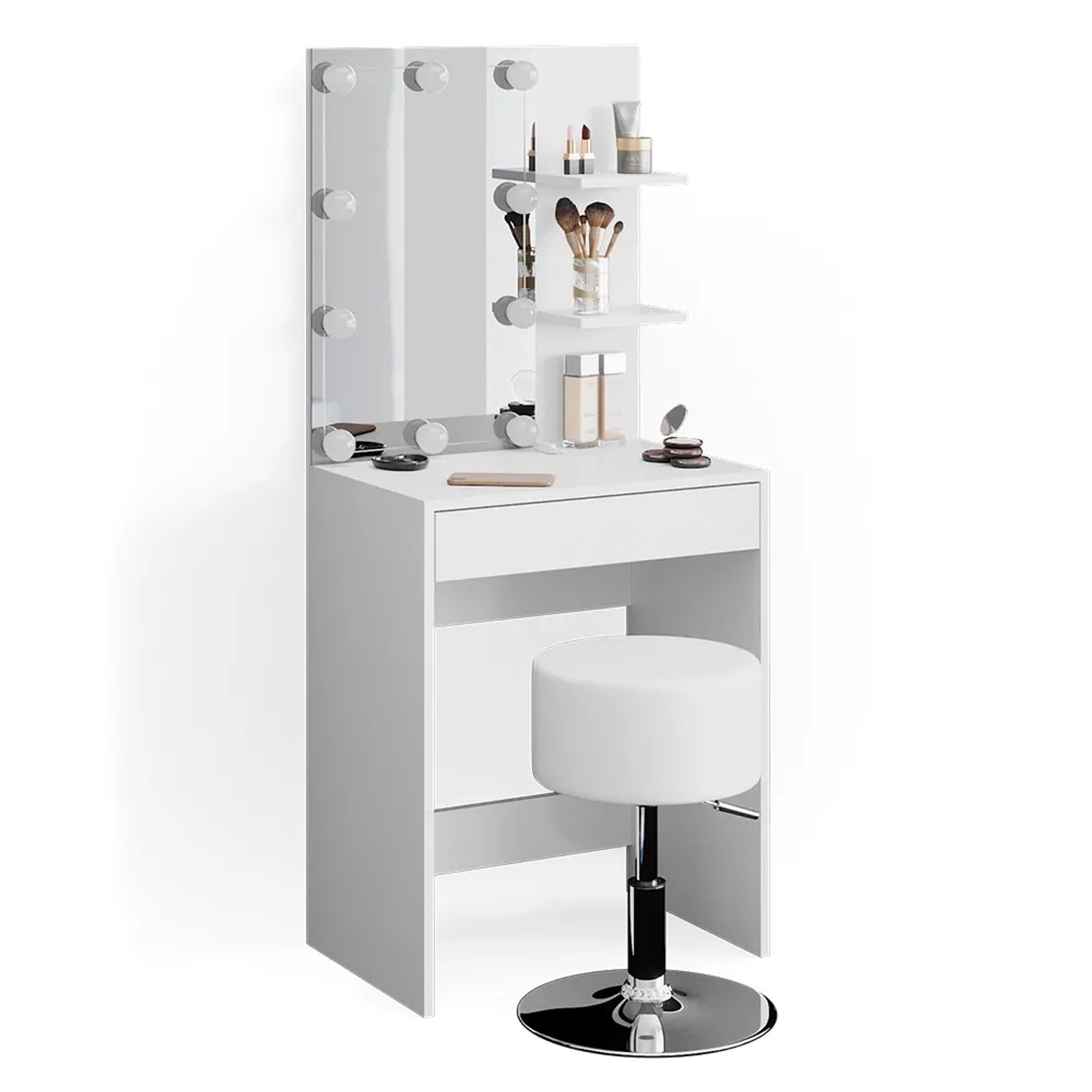 Weißer Vicco Schminktisch Isabelle mit LED, Spiegel, Ablagen und Hocker.