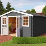Carbongraues Lasita Holz-Gartenhaus Wels 4 mit geöffneten Doppeltüren und weißen Fensterrahmen.