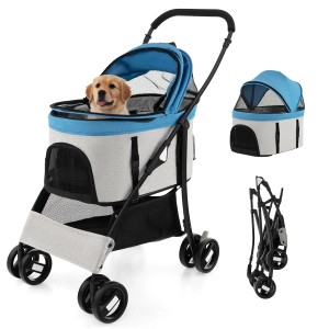 Blauer 3-in-1 Hundebuggy mit Golden Retriever, klappbar, als Transportbox und Wagen. Max. 15 kg.